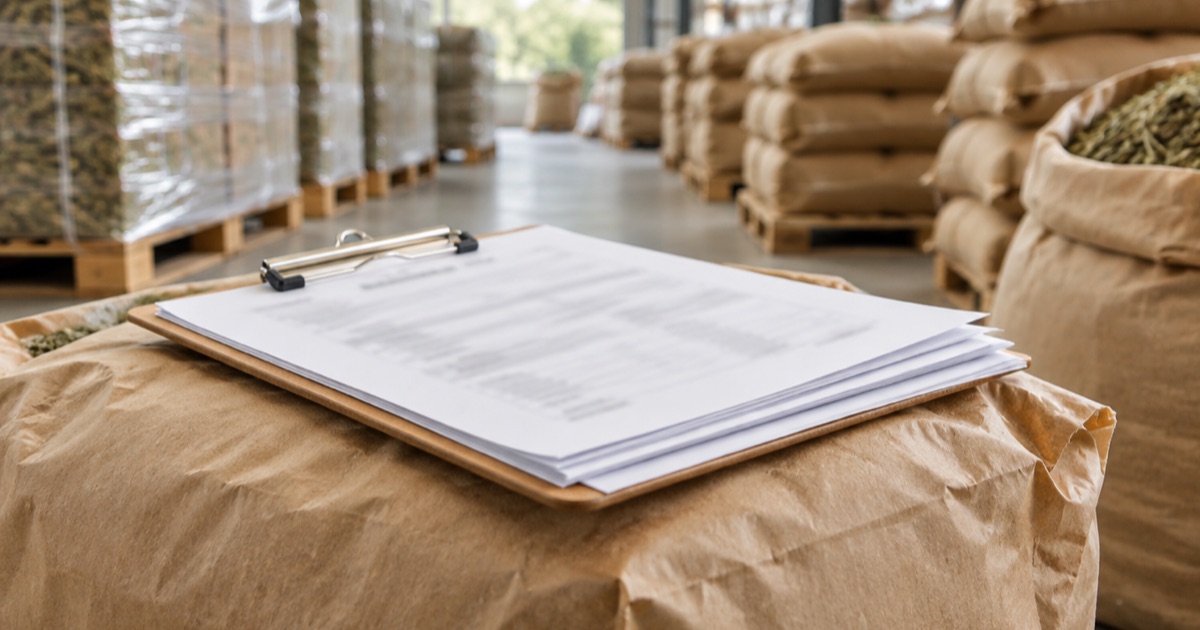 A clipboard of paperwork resting on a sack of dried botanical material in a warehouse