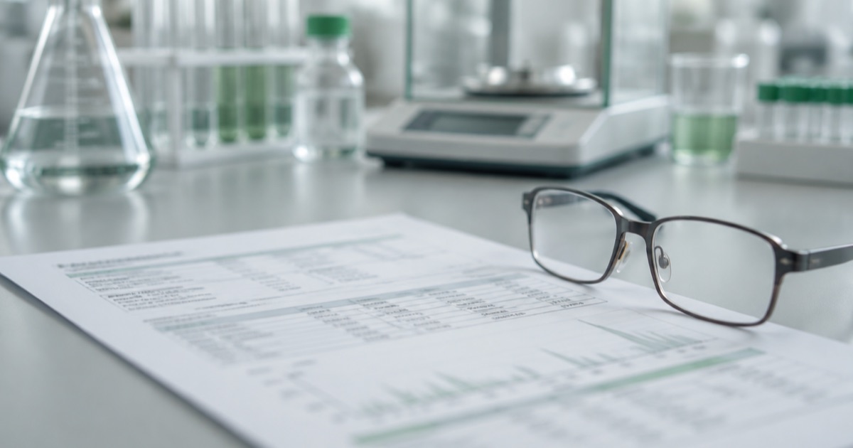 A printed analysis document and reading glasses on a laboratory bench