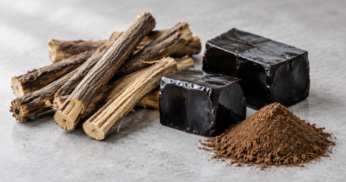 Dried liquorice root and dark liquorice extract blocks on a neutral surface