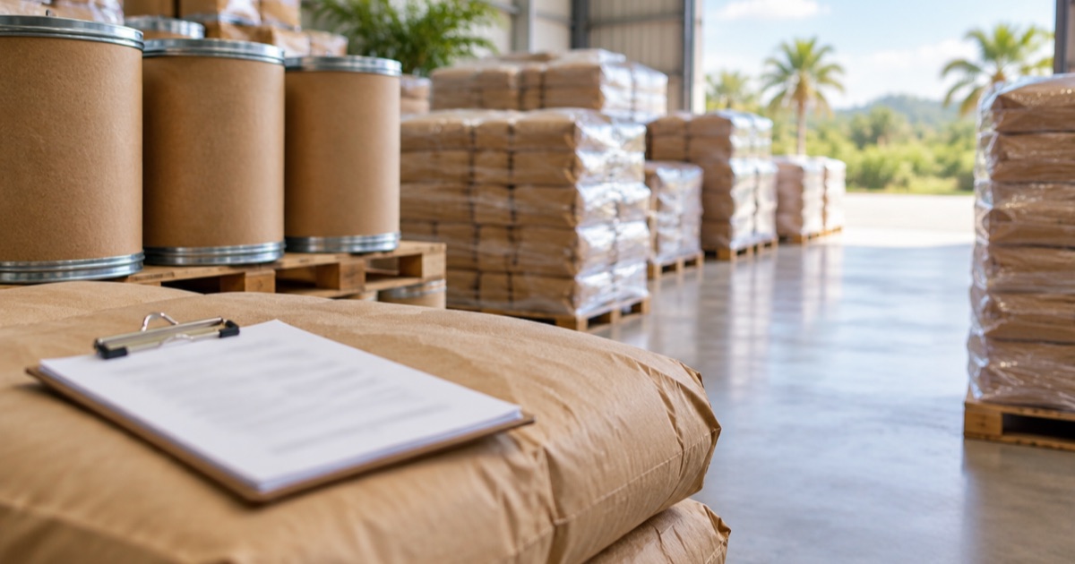 Sacks of dried botanical material and documentation in a UAE warehouse